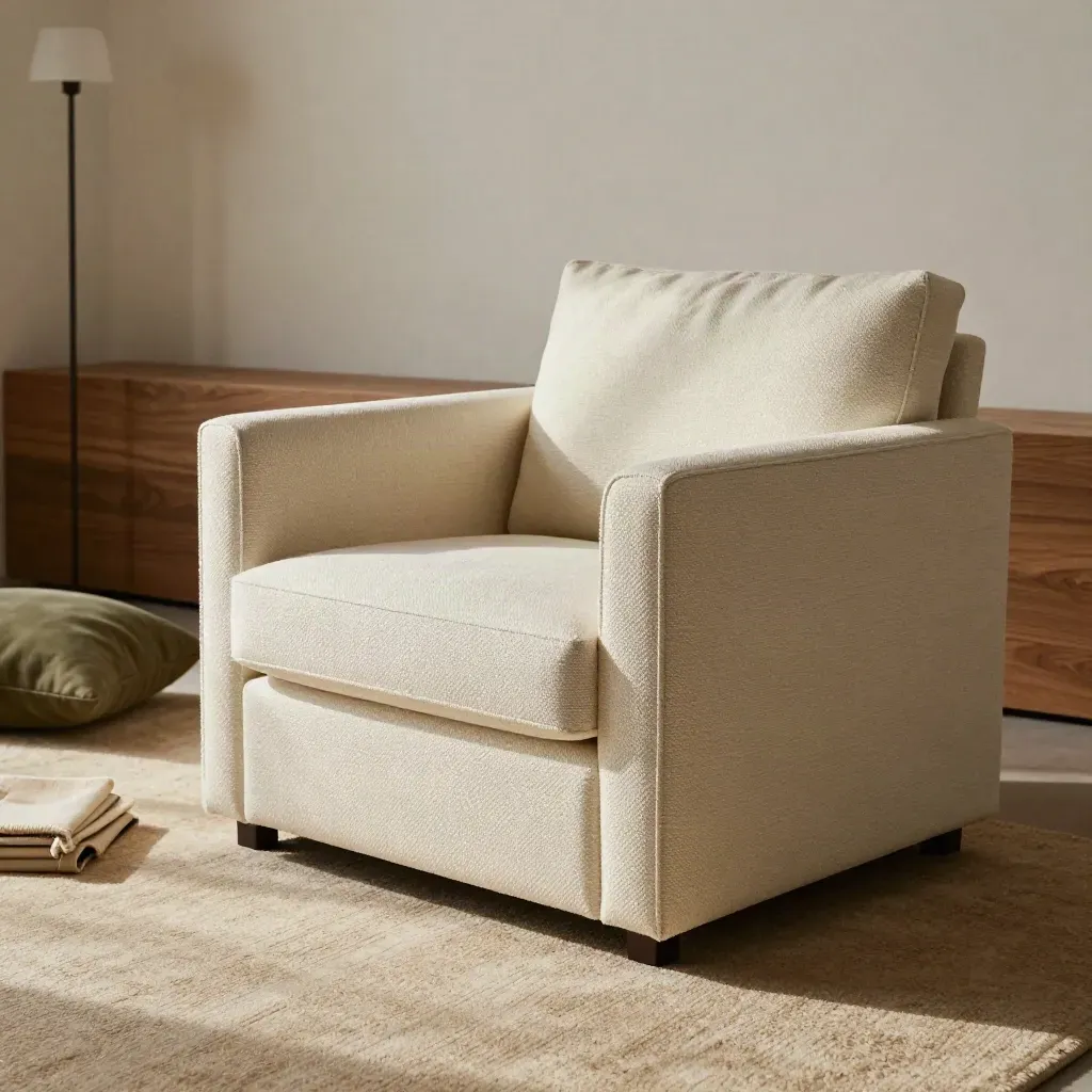Poltrona crema con coperta di lana, libro chiuso e lampada spenta in un angolo lettura.