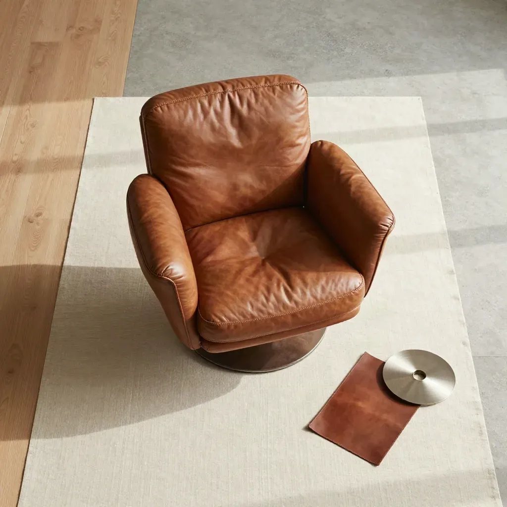 Flatlay dall’alto di poltrona girevole in pelle bronzo con cuscino lombare e base girevole