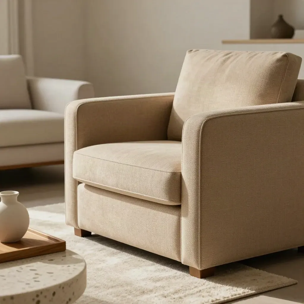 Poltrona in tessuto sabbia con tappeto bouclé, vassoio in legno e vaso in ceramica in salotto caldo.