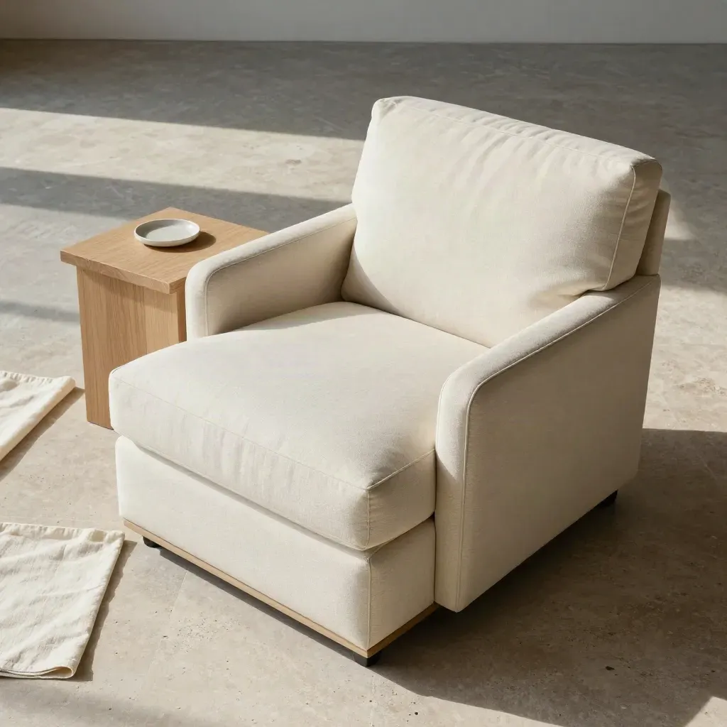 Vista dall'alto di poltrona crema, pouf e tavolino in rovere su pietra beige.
