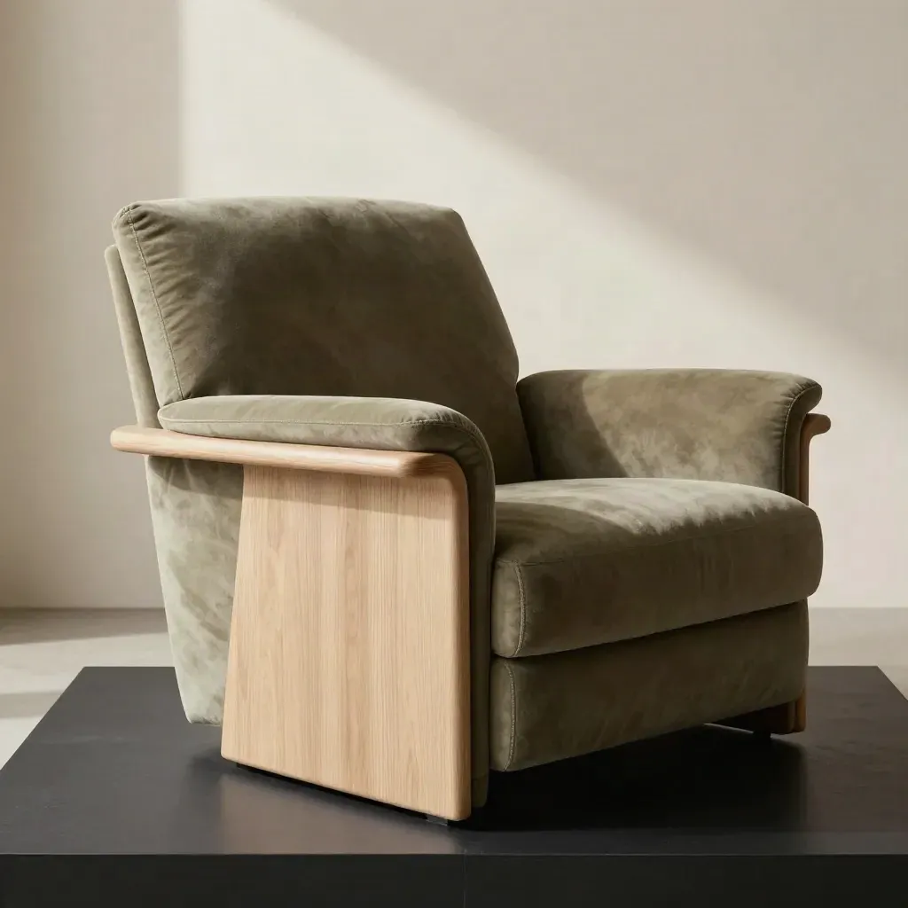 Poltrona ovale verde oliva con base in legno chiaro, luce drammatica su fondo crema.