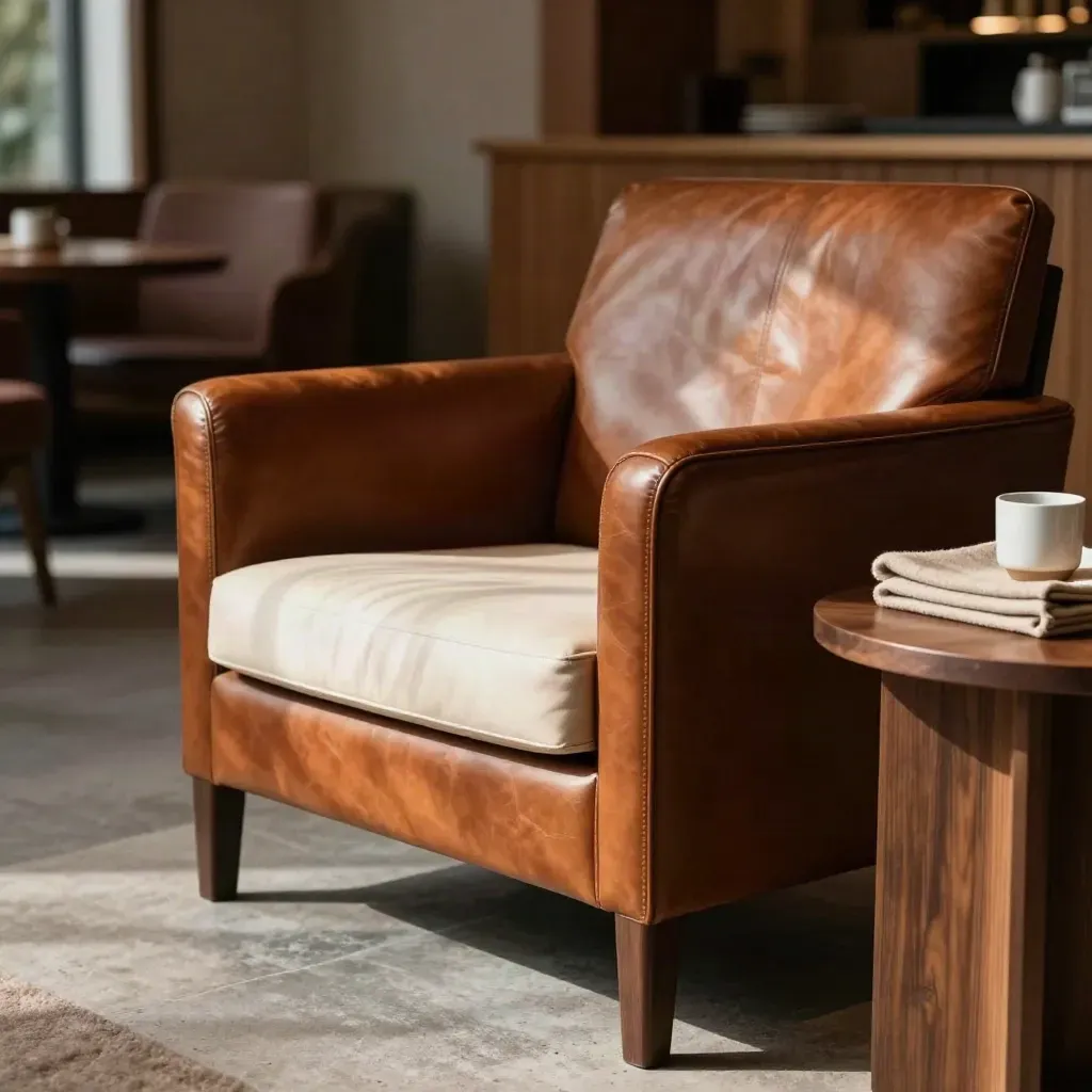 Poltrona in pelle tabacco con cuscino e tavolino in lounge calda